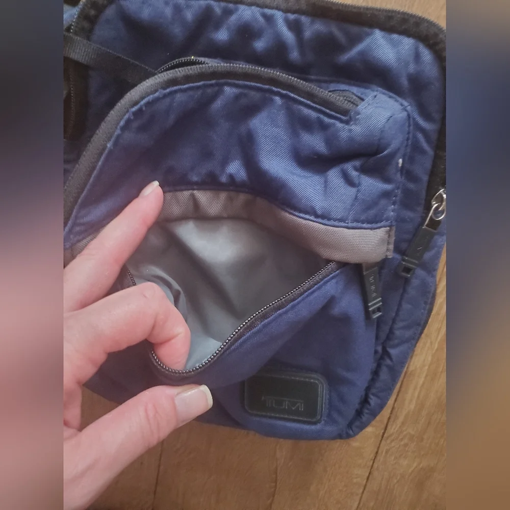 TUMI Navy Blue Organizer Travel Crossbody Bag.